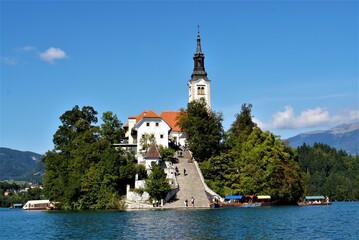 Fototapeta na wymiar Church of the Assumption of Mary on Bled Island in Slovenia