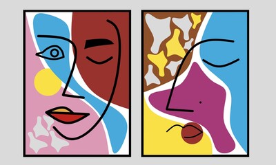 Set two of abstract line art of woman face wall art. Minimalist wall decor with surreal face. Wall Decorations with contemporary portrait. Vector Ilustration.