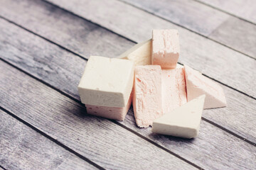 multicolored marmalade candy sweets dessert wooden background