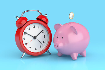 Euro Money accumulation concept. Money and piggy bank isolated on blue background.