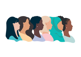 Vector horizontal template profile of girls of different nationalities and cultures stand together one after another on a white background. European, African American, Asian, Muslim.