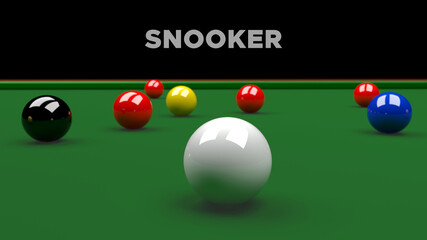 Colored balls for playing snooker on a green cloth of a billiard table
