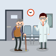 Old senior man in doctor office in hospital. Cute Grandfather. Providing medical care. Two character. Trauma patient. Happy grandparent. Cartoon flat illustration