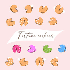 Fortune cookies. Sweet colorful pastry, chinese cookies witn notes inside.