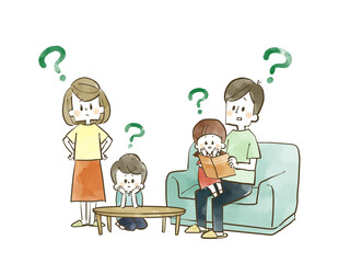 疑問に思っている4人家族-水彩
