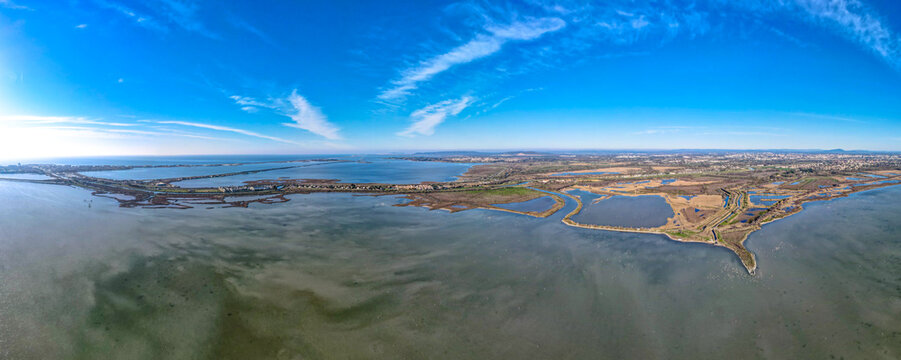 Aerial shot of La Maison de la Nature in Lattes beside Montpellier and the Mediterranean sea