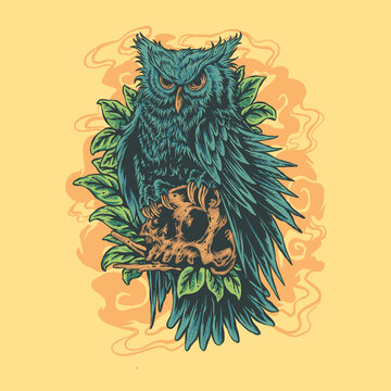 Vintage Owl Skull Design Illustration