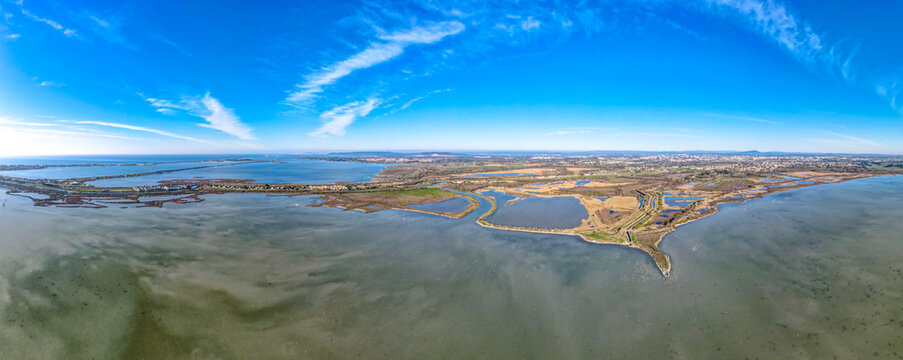 Aerial shot of La Maison de la Nature in Lattes beside Montpellier and the Mediterranean sea