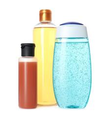 Bottles of different personal hygiene products on white background