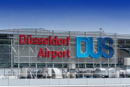 DUESSELDORF, NRW, GERMANY - JUNE 18, 2019:
Logo of Duesseldorf Airport on terminal