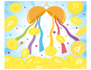 ポイント当選　くす玉のベクターイラスト　コイン　