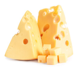 Pieces of cheese with holes on white background