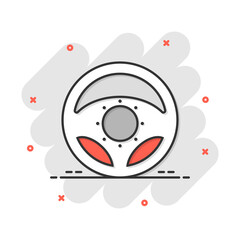 Vector cartoon steering wheel icon in comic style. Rudder wheel sign illustration pictogram. Steering business splash effect concept.
