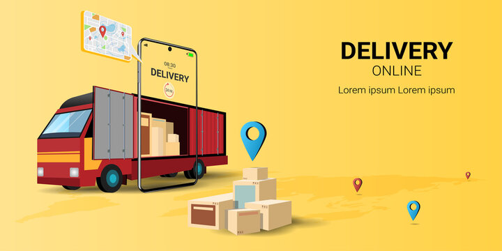 Online delivery service on mobile, Global logistic, Online order. City logistics. Truck,vwarehouse and parcel box. Concept of web page design for website or banner. 3D Perspective Vector illustration