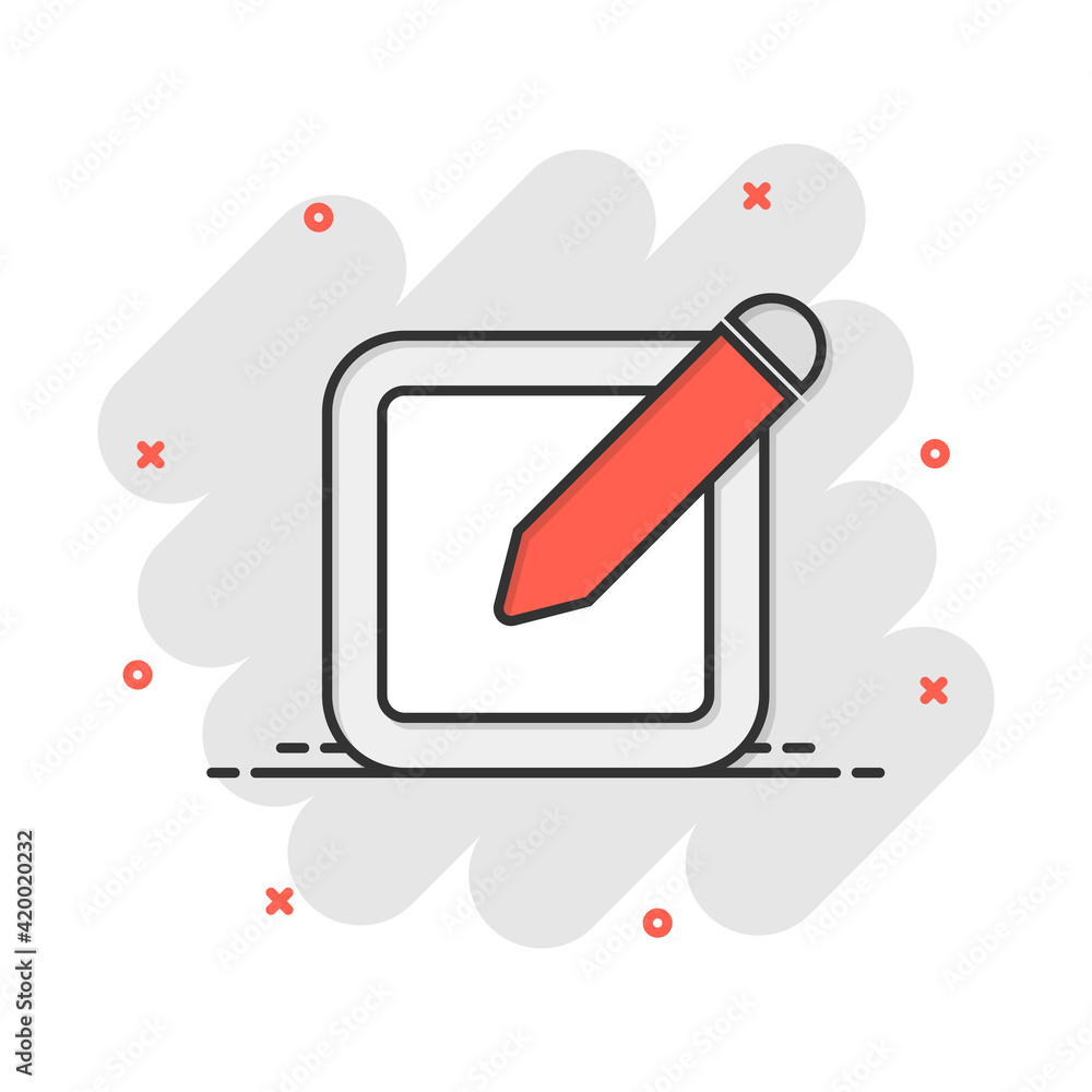 Poster vector cartoon notepad edit document with pencil icon in comic style. notepad concept illustration p