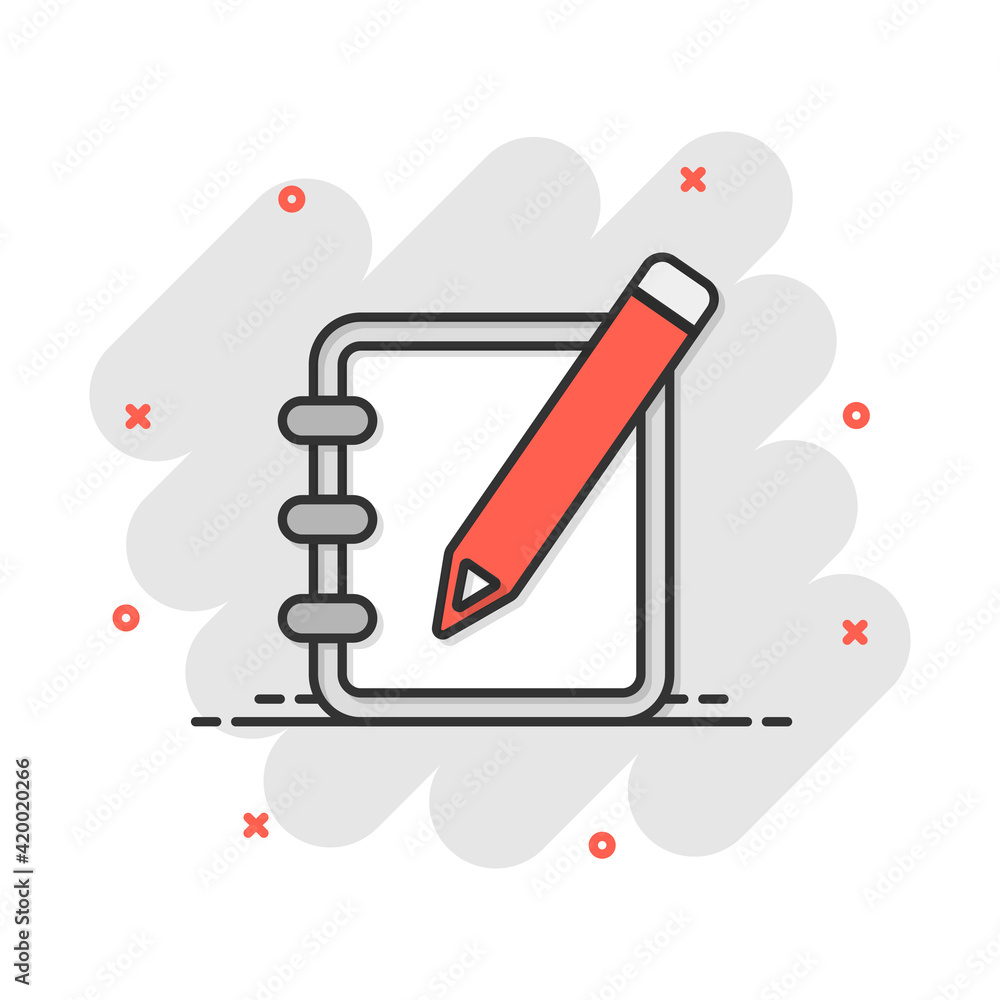 Poster vector cartoon notepad edit document with pencil icon in comic style. notepad concept illustration p