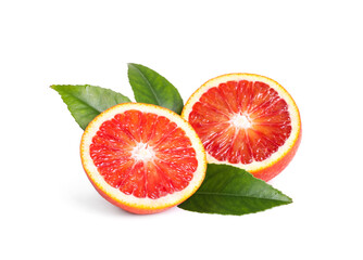 Cut ripe red orange with green leaves isolated on white