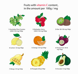 A set of fruits containing the highest amount of vitamin C. Infographics, print, layout, design.
