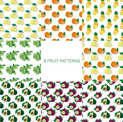 Seamless pattern with tropical fruits, eight layouts. Background, design, print.
