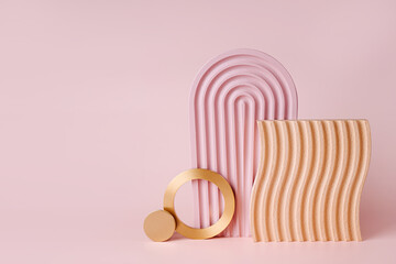 Pink arche  and wooden plate with waves and golden decoration on a pink  background. Stylish...