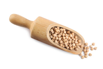 Wooden scoop with chickpeas on white background, top view. Natural food