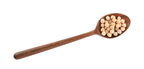 Wooden spoon with chickpeas on white background, top view. Natural food