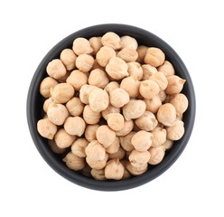 Chickpeas in bowl on white background, top view. Natural food