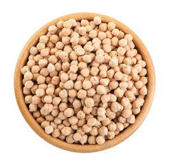 Chickpeas in bowl on white background, top view. Natural food
