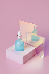 Serum in dropper bottle  on podium with gloss glass on pink background. Stylish background for presentation. Minimal style. Beauty product package, blank template