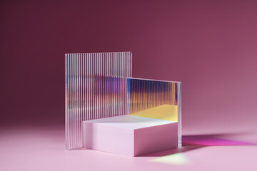 Geometric shapes podium for product display. Monochrome platform  with gloss acrylic sheets on pink...