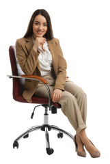 Young businesswoman sitting in comfortable office chair on white background