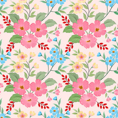 Floral seamless pattern with pink monochrome background for fabric, textile, and wallpaper.
