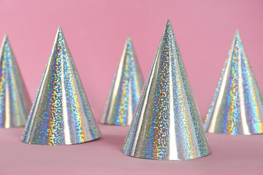 Beautiful Silver Party Hats On Pink Background