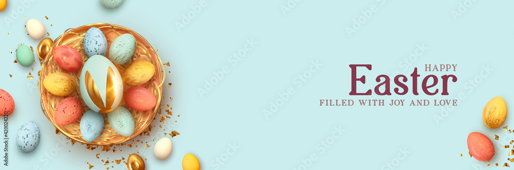 Poster festive easter horizontal banner, template header for website. realistic 3d design elements. spring 