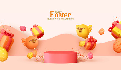 Happy Easter. Realistic festival podium display mockup background. Funny yellow and pink chicks fly, 3d gift boxes. Festive Easter Design. Concept holiday sale template. Vector illustration