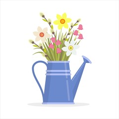 Spring flowers bouquet of daffodils, willow catkins, pink bells, leaves in blue watering can. Concept gifts and flowers for spring holidays, easter, mother`s day, women`s day. Vector illustration.