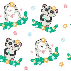 Kids seamless pattern with cute hedgehog and panda. Children wallpaper for playroom and bedroom. Vector illustration