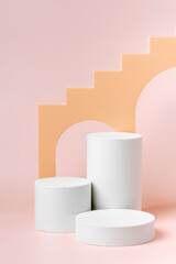 Cylinder podium with stairs and arch. Abstract background with various geometric shapes in pastel...