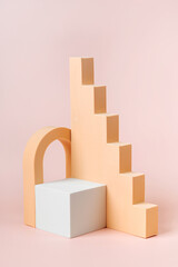 Square podium with stairs and arch. Abstract background with various geometric shapes in pastel color for product presentation. Podium to show cosmetic products.