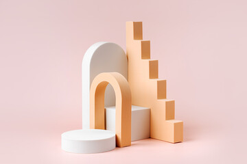Abstract background with various geometrical forms and  podiums in pastel color for product presentation. Podium to show cosmetic products.