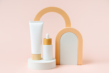 Cream tube and dropper bottle mockup on podium with arch. Background for branding and packaging presentation. Natural skincare cosmetic product concept.