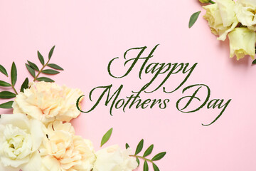 Happy Mother's Day. Beautiful flowers on pink background, flat lay