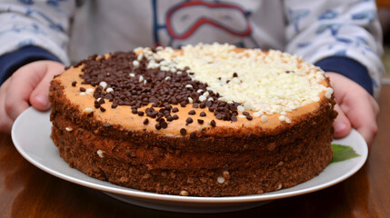 The boy's hands are holding a Cake with white and black decoration on a plate.