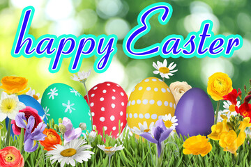 Happy Easter. Bright eggs and spring flowers on green grass outdoors