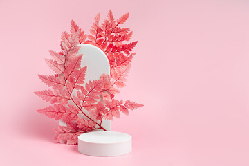 White podium with branch of leaves and arch to show cosmetic products. Pink color background for...