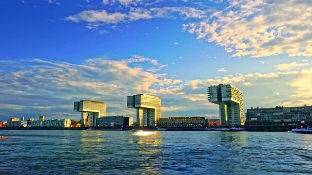 Crane houses and Rhine River in Cologne, Germany