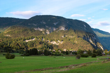 Picturesque autumn landscape during sunset in the Julian Alps, Slovenia