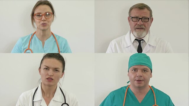 Online conference. Distant communication of professionals. Group video conference of medicine workers share ideas remotely.