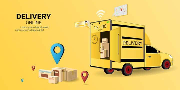 Fast delivery package on mobile phone. Online delivery service. Logistics and Delivery. concept of web page design for website or banner . 3D Perspective Vector illustration