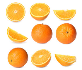 Set with tasty ripe oranges on white background